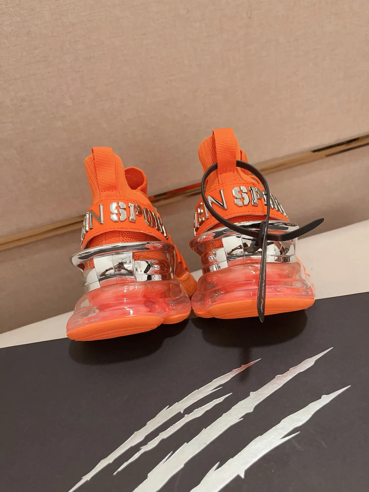 Philipp Plein Orange Silver Knit Upper Sculpted Midsole Chunky Sneakers