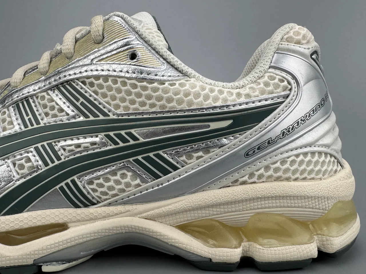 ASICS Gel-Kayano Beige Silver Mesh And Synthetic Overlay Upper Metallic Accents Running Shoes
