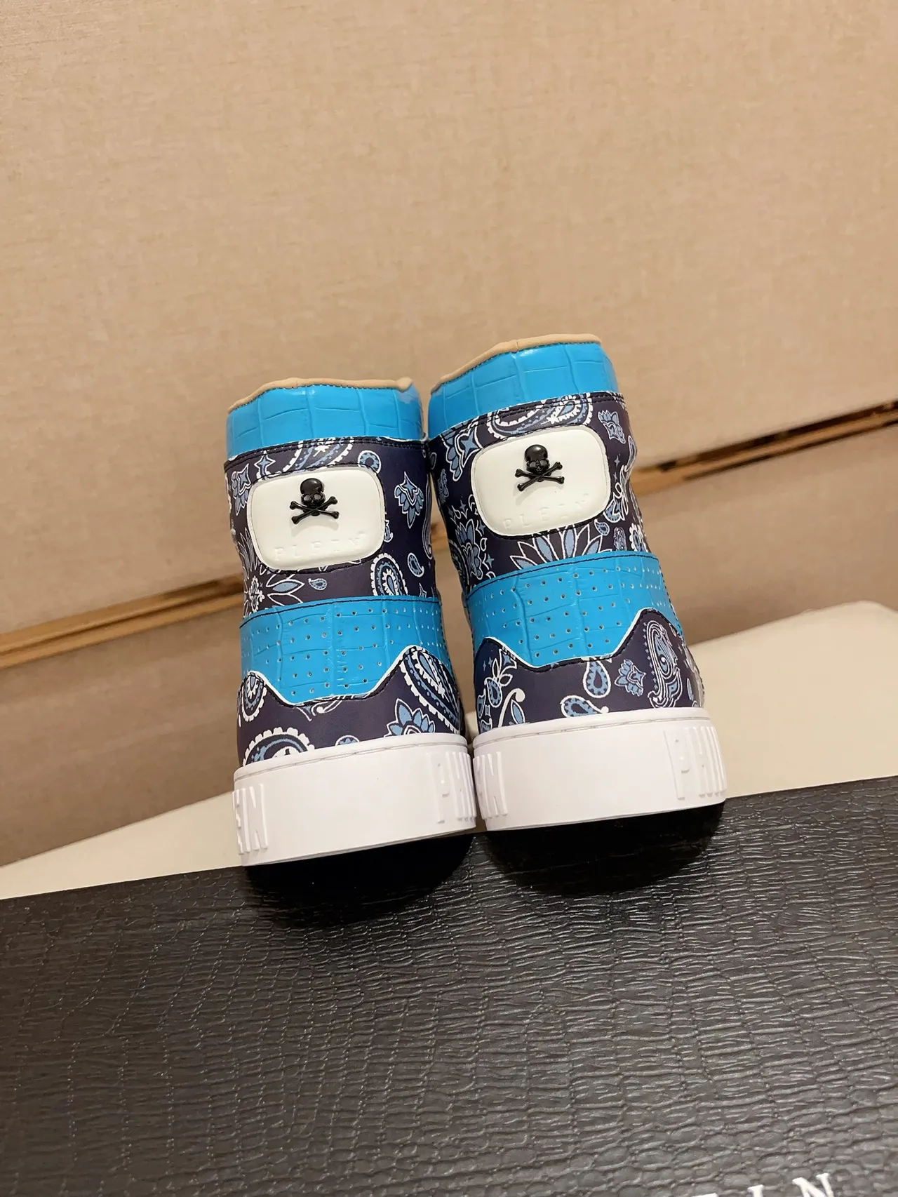 Philipp Plein White Blue High-Top Embossed Sole Sneakers