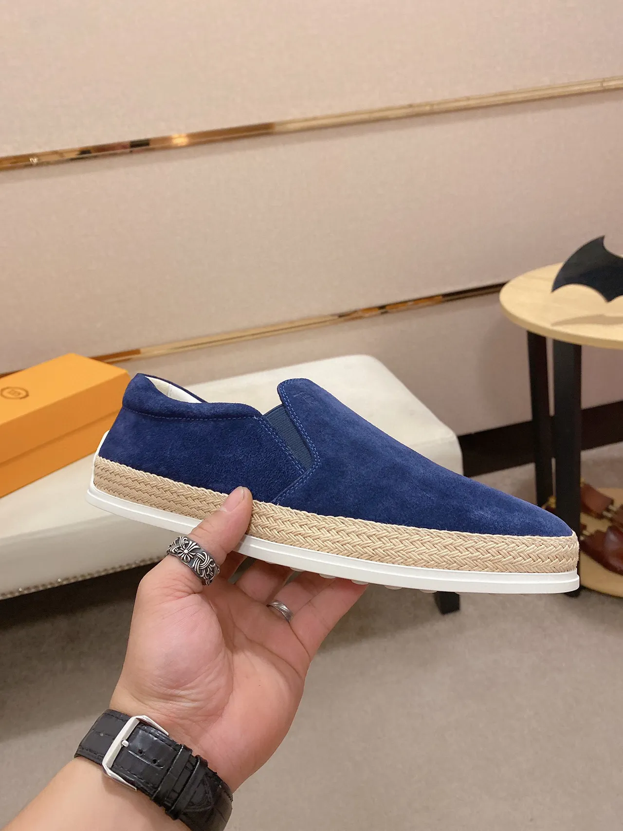 Blue Beige Suede Upper Espadrille Sole Boat Shoes