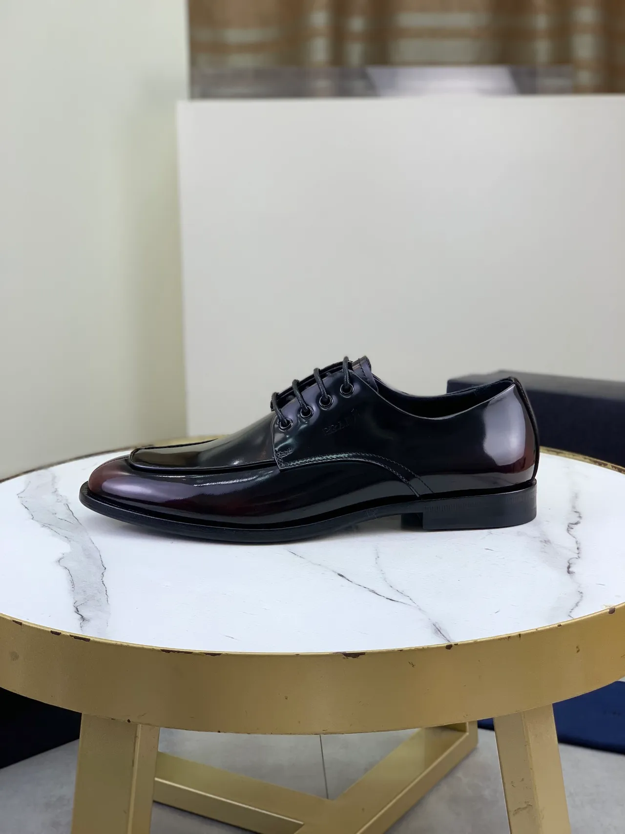 Prada Black Burgundy High-Gloss Patent Leather Cap-Toe Oxford Shoes