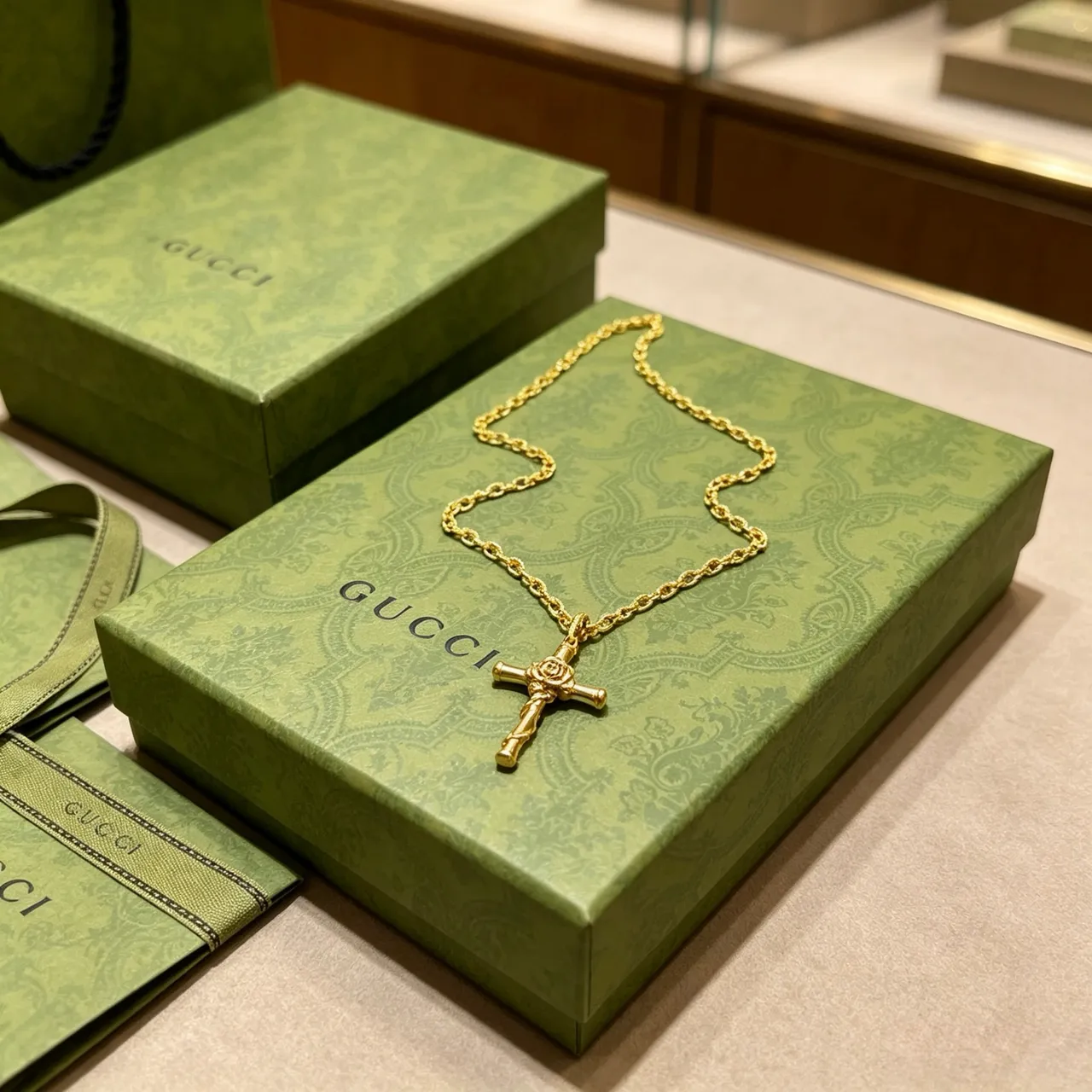 Gucci Bamboo Cross Pendant Gold-Tone Necklace