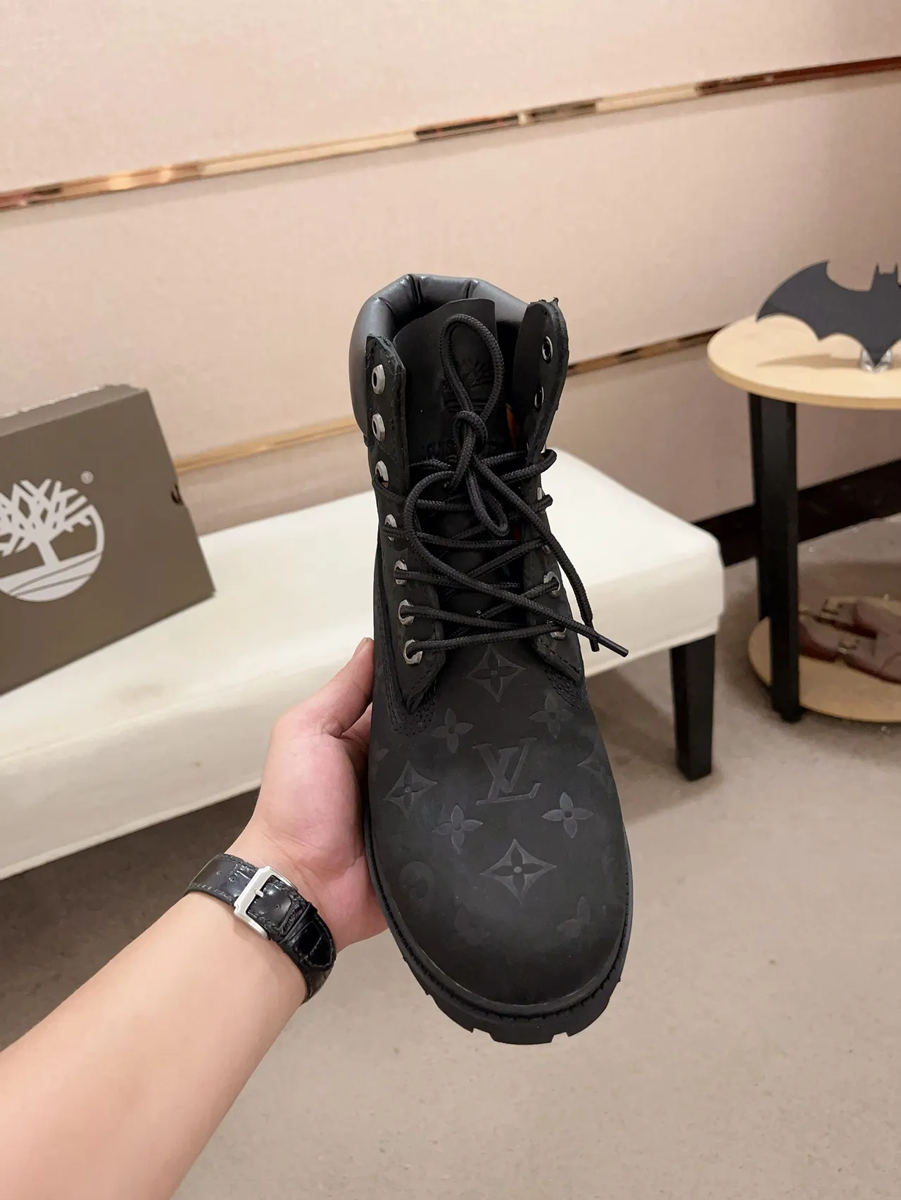 Timberland Black Monogrammed Leather Rugged Lug Sole Work Boots