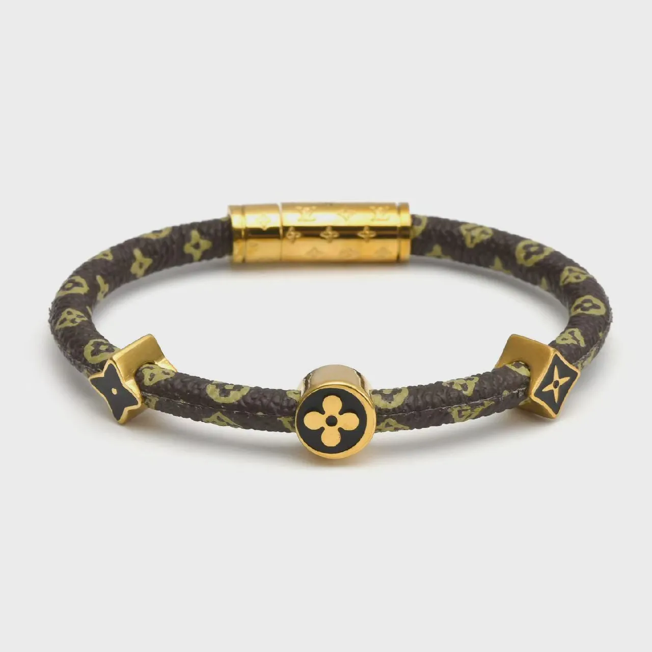 Louis Vuitton Brown Gold Braided Monogrammed Cord Rotating Enamel Charms Bracelet