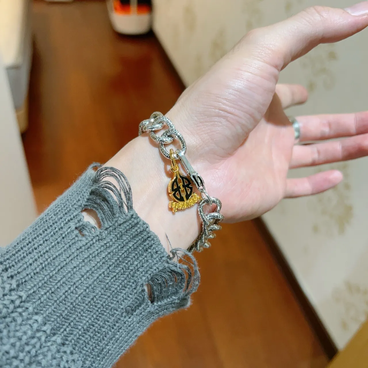Balenciaga Logo Chain Silver Gold Chunky Oval-Link Engraved Brand Lettering Bracelet