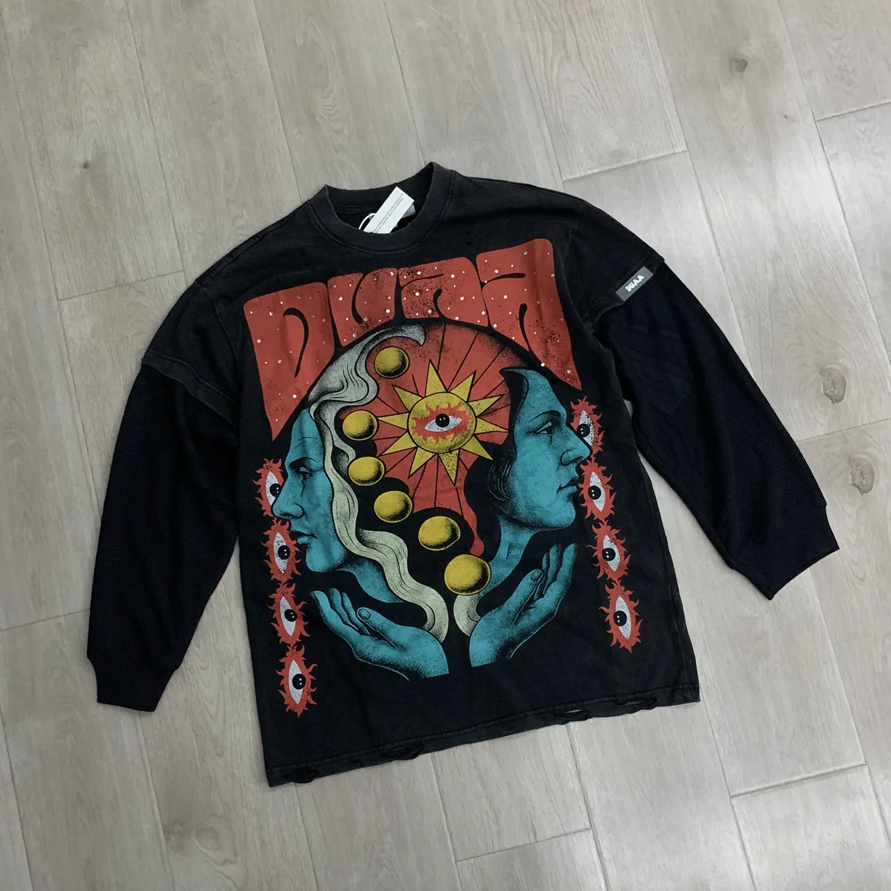DUAA Distressed Black Graphic Print Crewneck Sweater