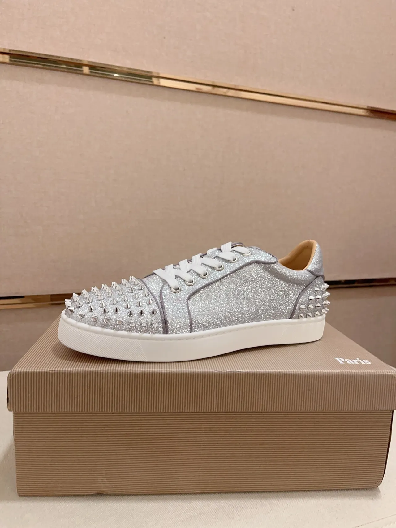 Christian Louboutin Louis Spikes Silver Glitter Spike-Embellished Lifestyle Sneakers