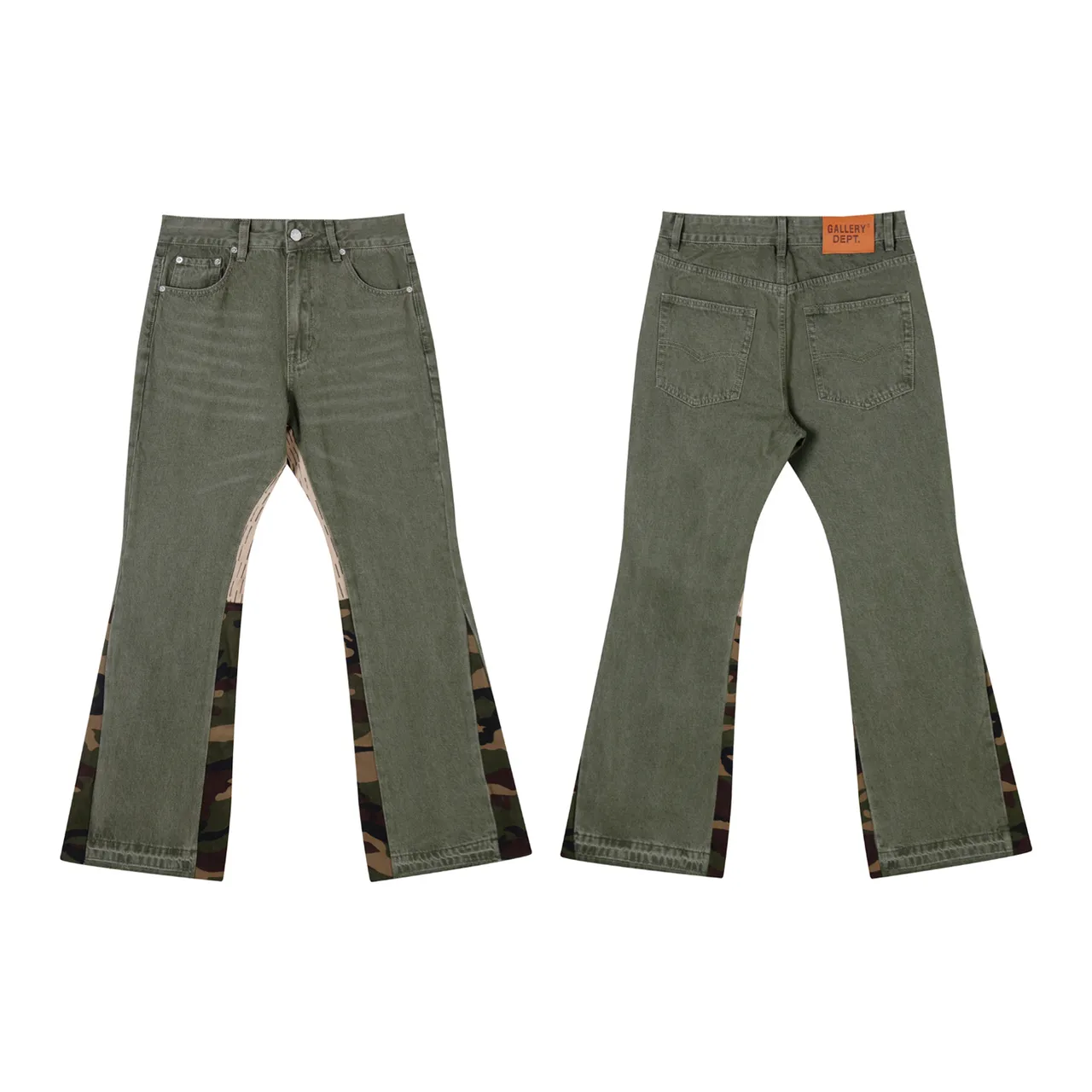 Gallery Dept Olive Green Camouflage Side Panel Flared Jeans