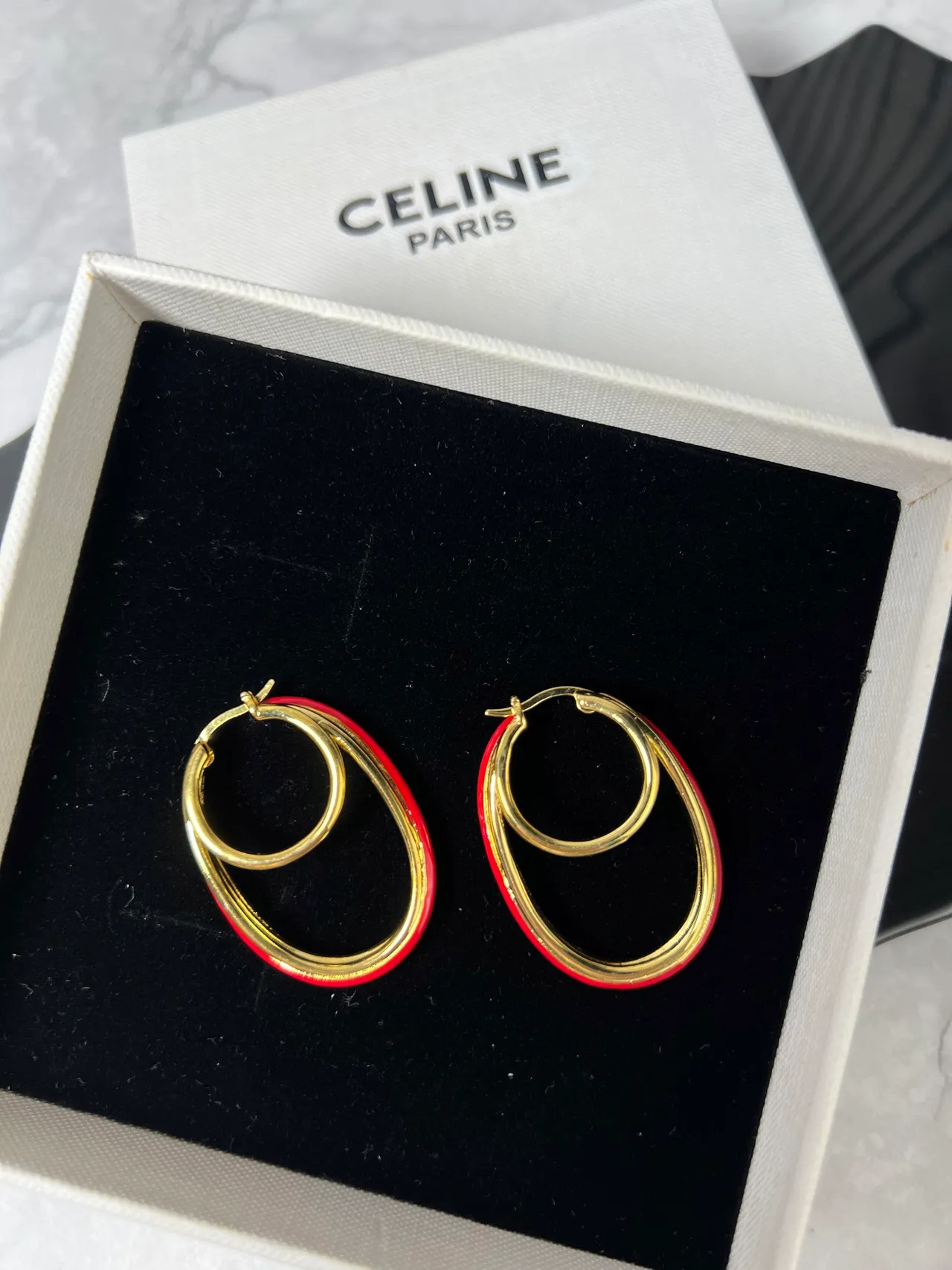 Celine Red Gold Double-Hoop Oval Earrings