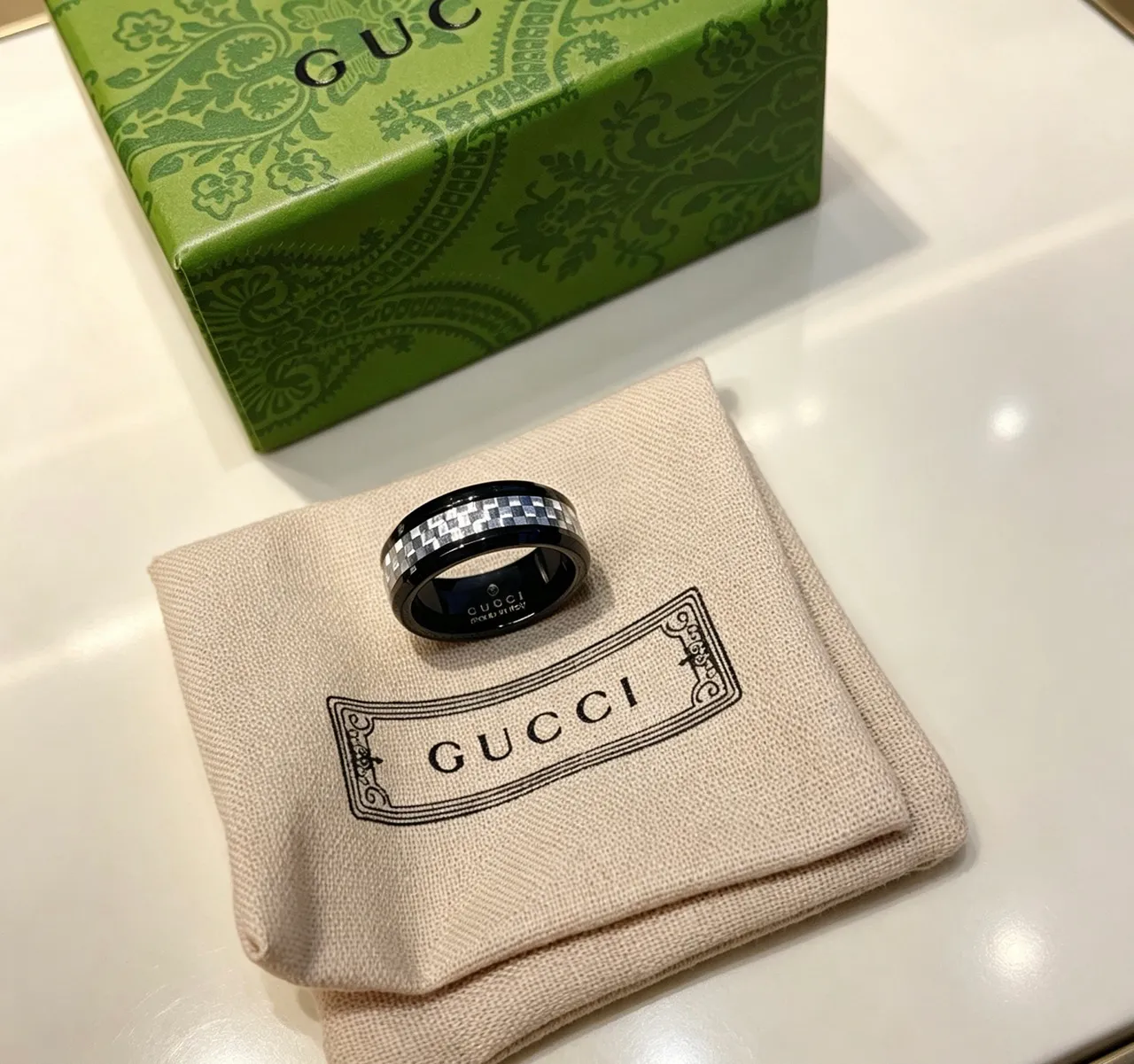 Gucci Mosaic Black Silver Ceramic Checkered Inlay Ring