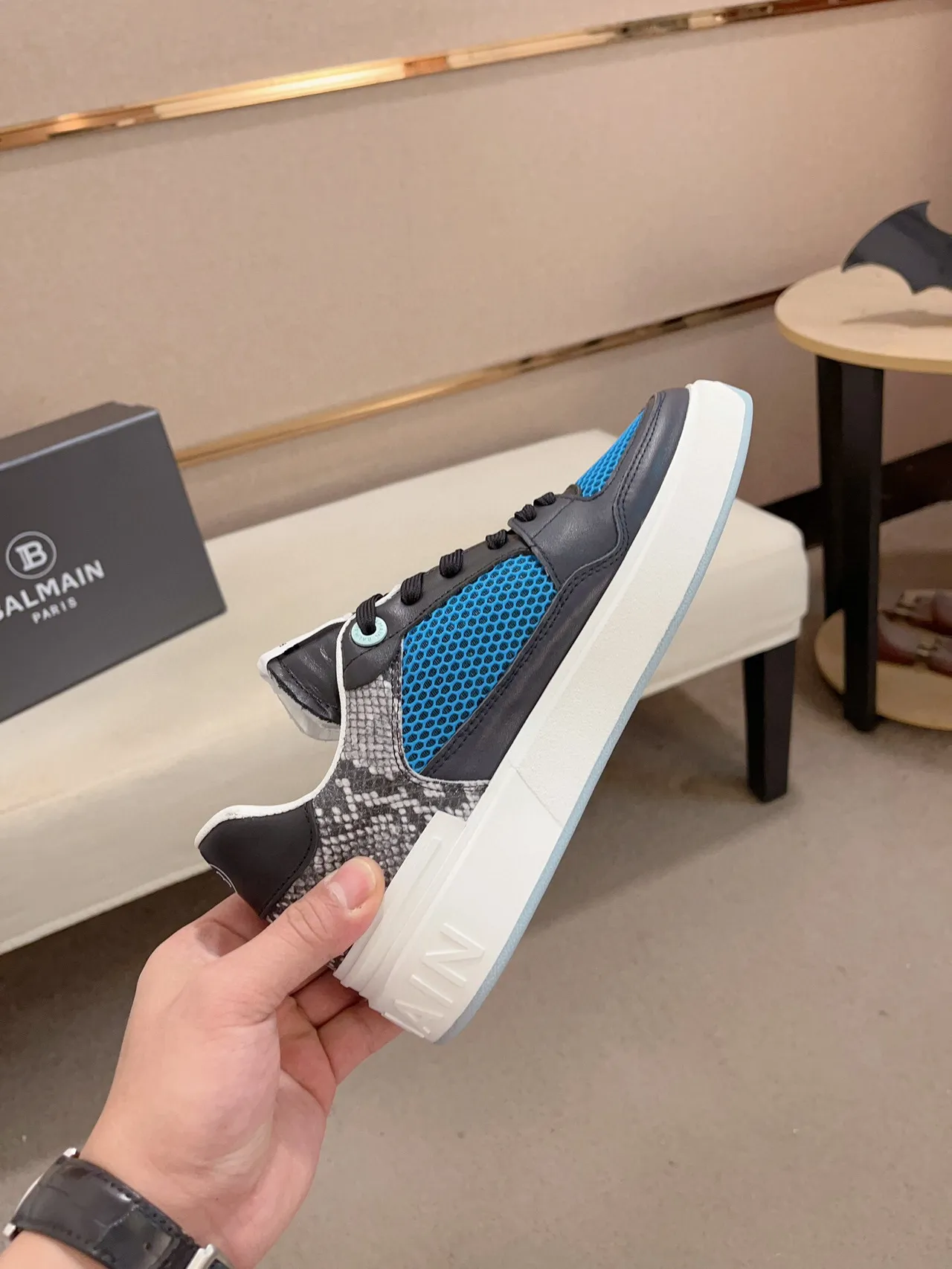 Balmain B-Court Blue Mesh and Black Leather Lifestyle Sneakers