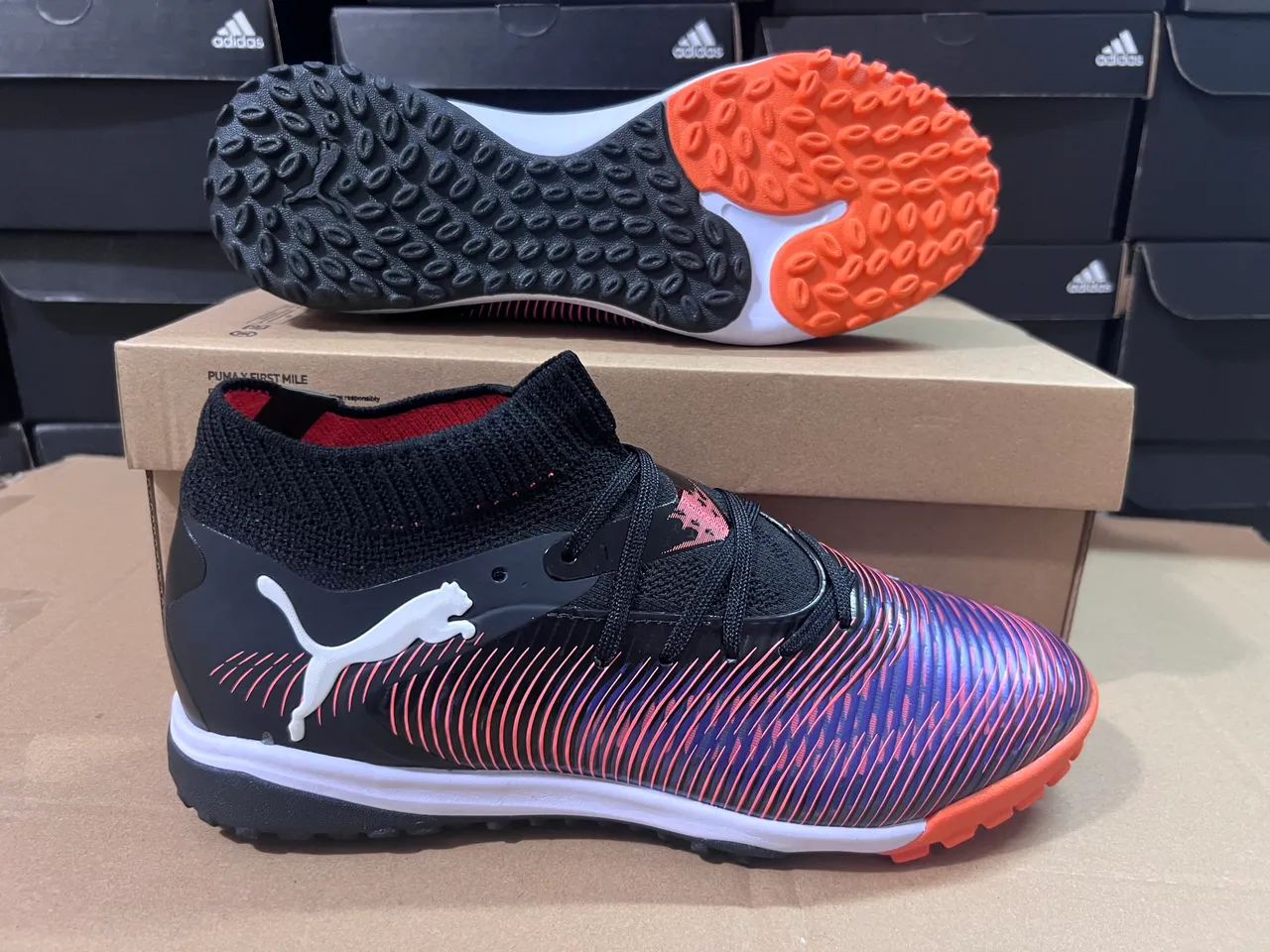 Puma Black Multicolor Knit Sock-Fit Collar Iridescent Striped Upper Turf Soccer Shoes