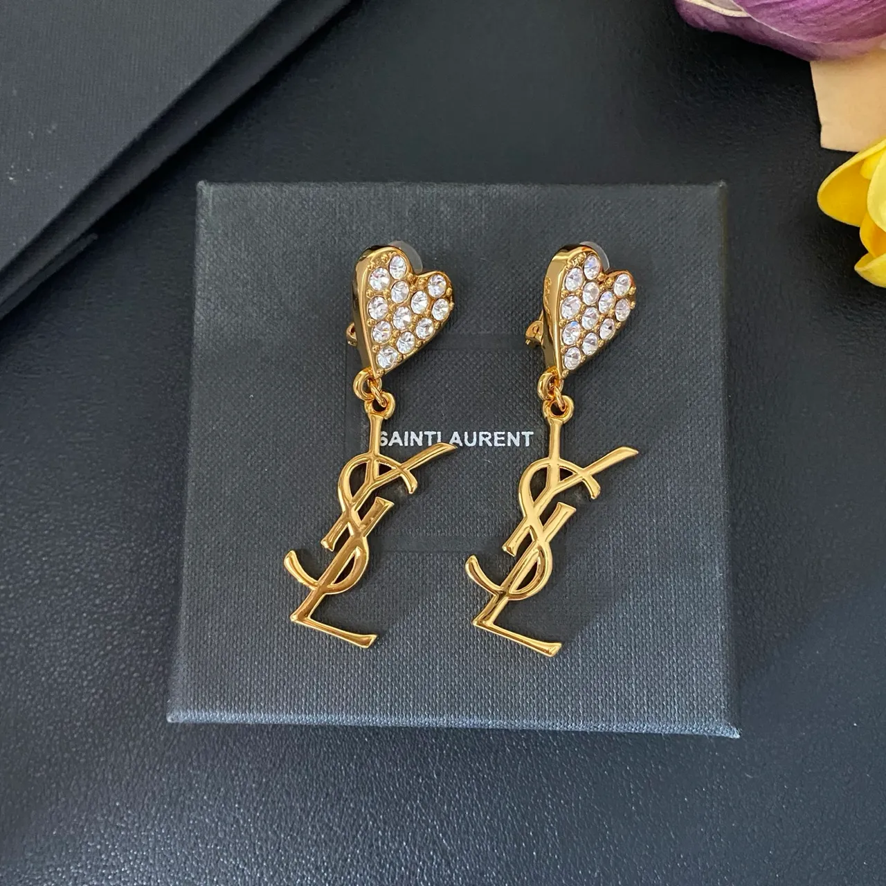 Saint Laurent Heart Crystal and Monogram Dangling Earrings