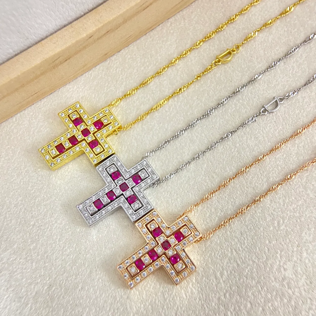 Gold Multicolor Geometric Cross Pendant Pavé-Set Gemstones Necklace