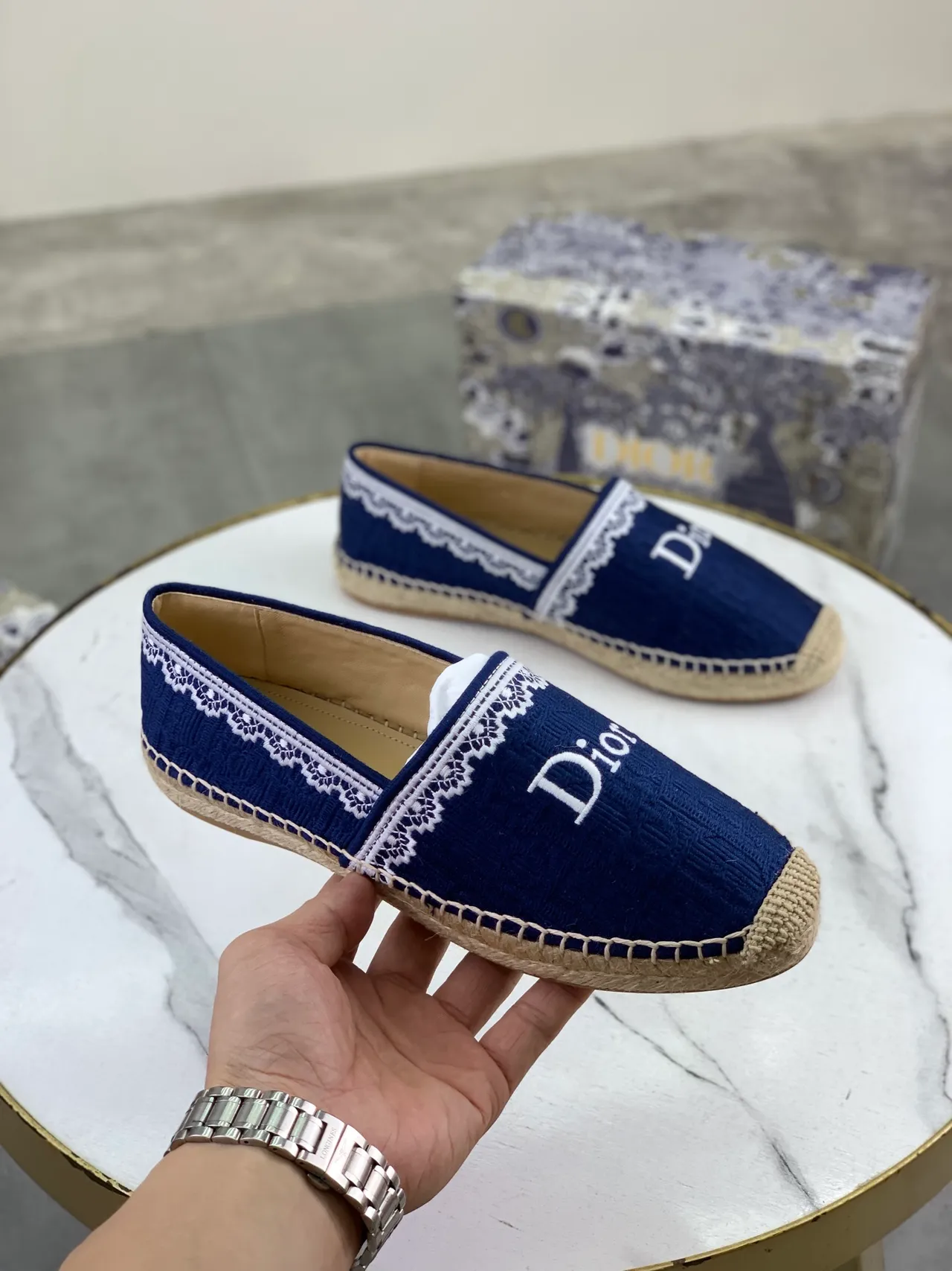 Dior Navy Woven Lace-Trimmed Espadrille Boat Shoes