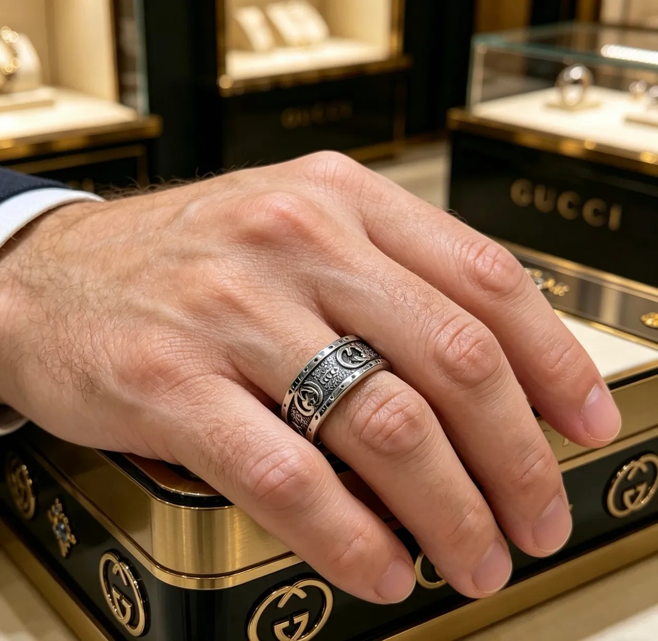 Gucci GG Marmont Silver Black Wide Band Interlocking G Motif Ring