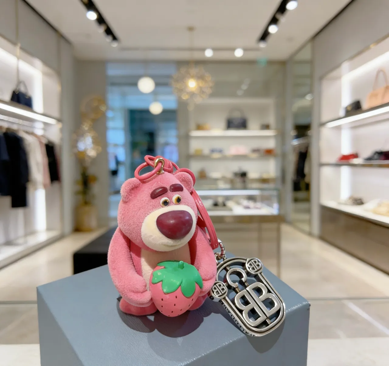 Pink Green Plush Bear Figure Holding Strawberry Phone Accessory