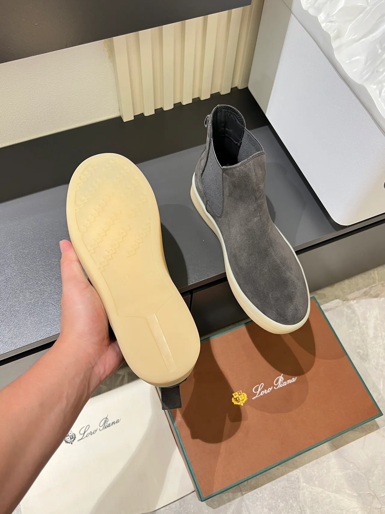 Gray Beige Suede Upper Elastic Side Gussets Chelsea Boots