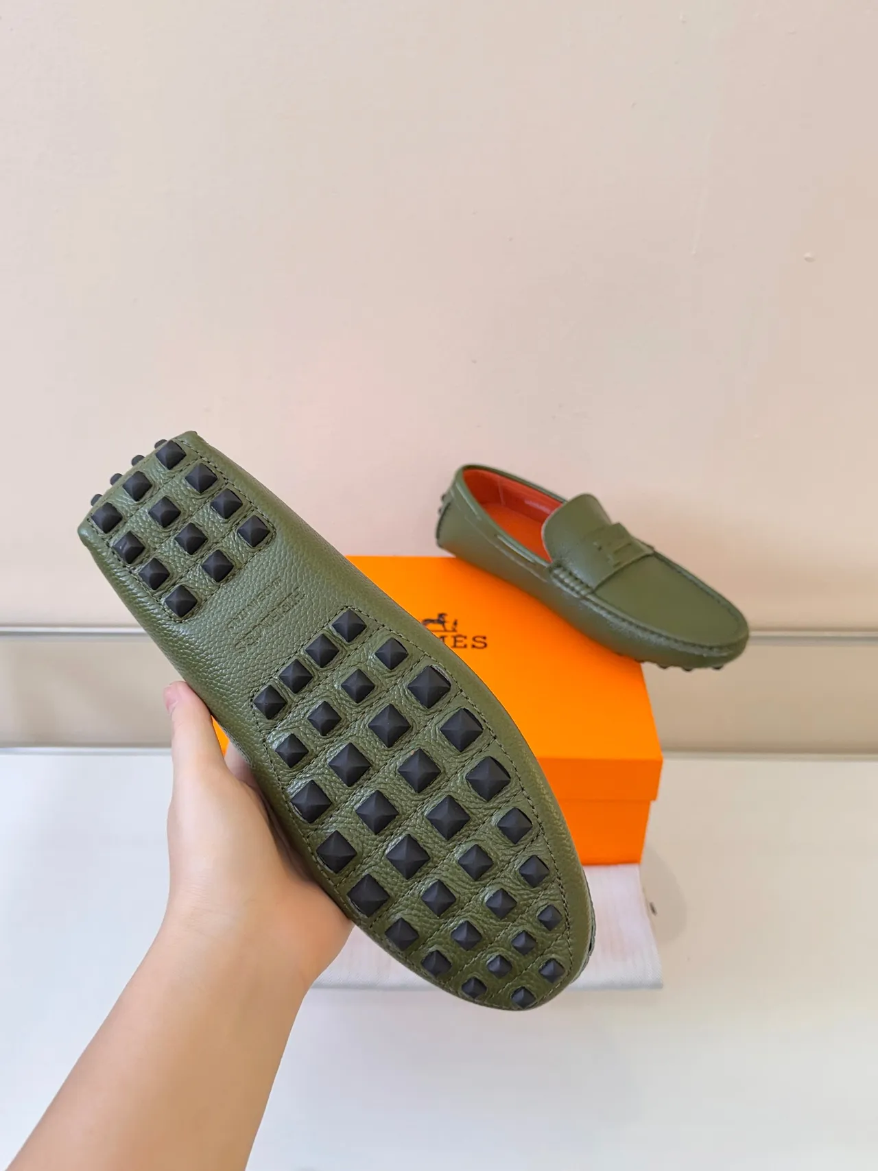Hermès Oran Loafer Olive Green Pebbled Leather Loafers