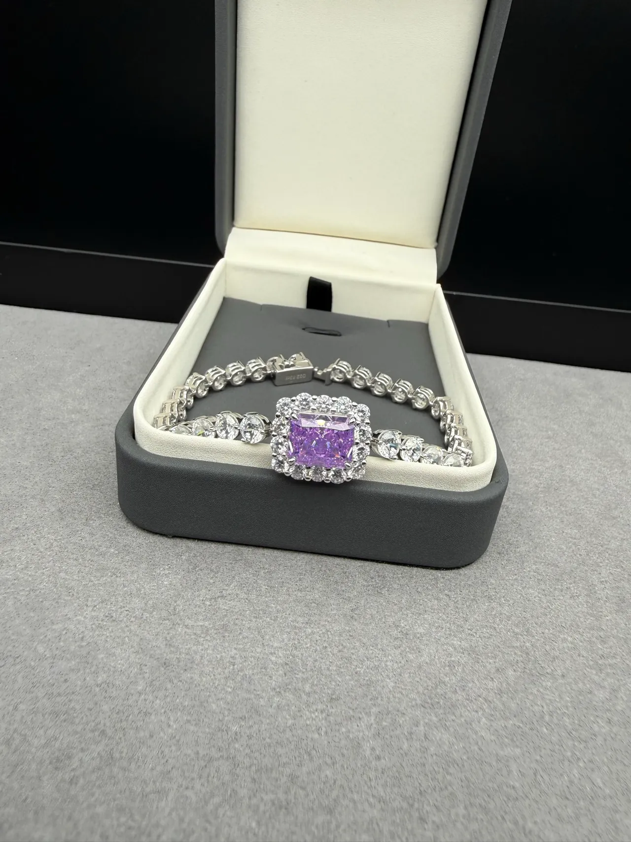 Purple Silver Square-Cut Central Gemstone Halo Setting Bracelet