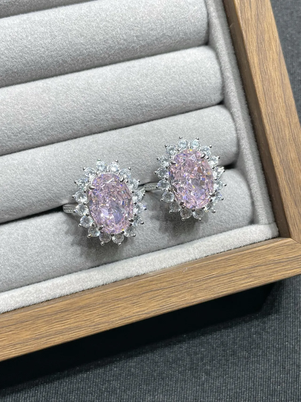 Oval Pink Halo Cluster Stud Earrings