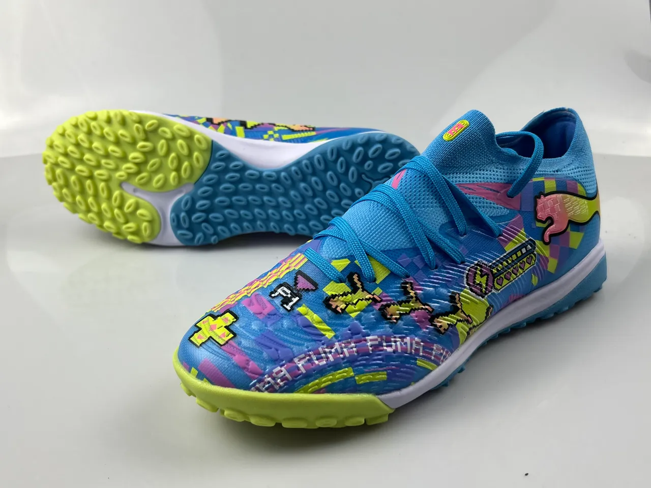 Puma Future Z Blue Multicolor Pixel-Art Graphic Upper Knit Sock-Like Collar Turf Soccer Shoes