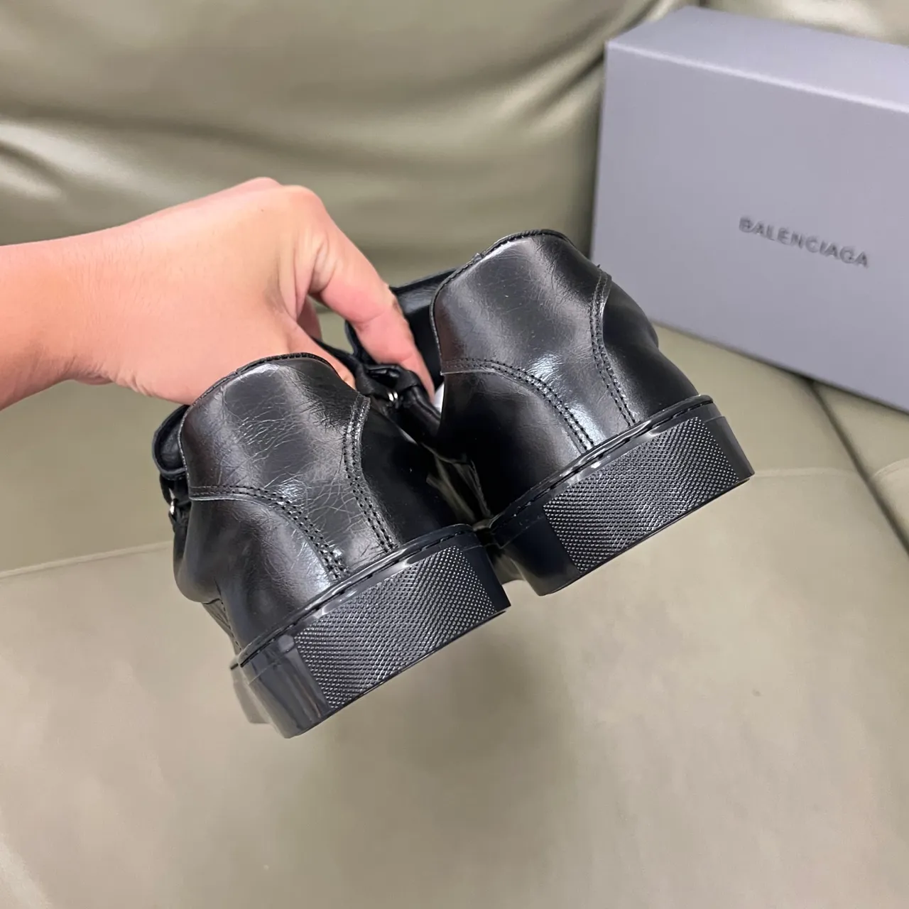 Balenciaga Black Crinkled Leather Wide Strap-Style Laces Lifestyle Sneakers