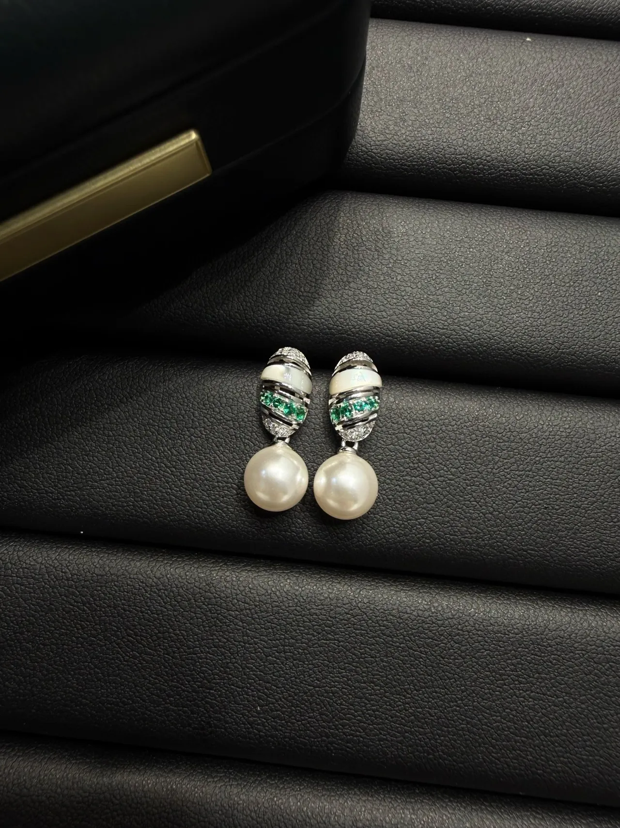 White Green Dangling Pearl-Drop Earrings