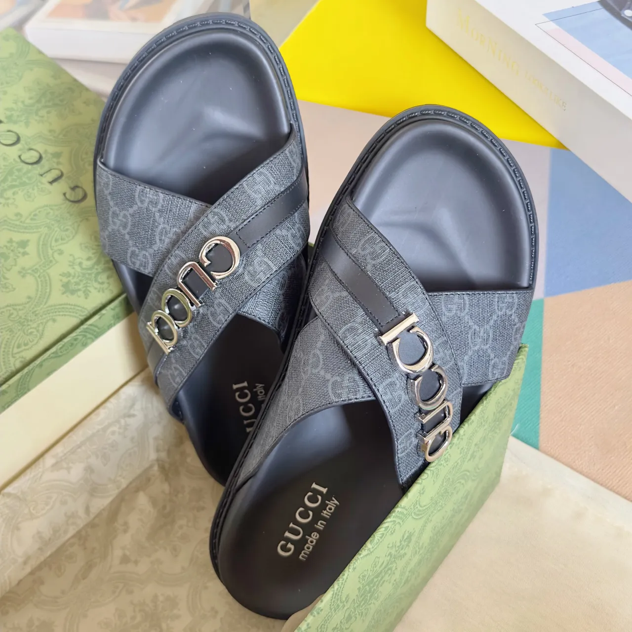 Gucci Ophidia Black Gold Embossed GG Monogram Interlocking G Buckles Casual Sandals