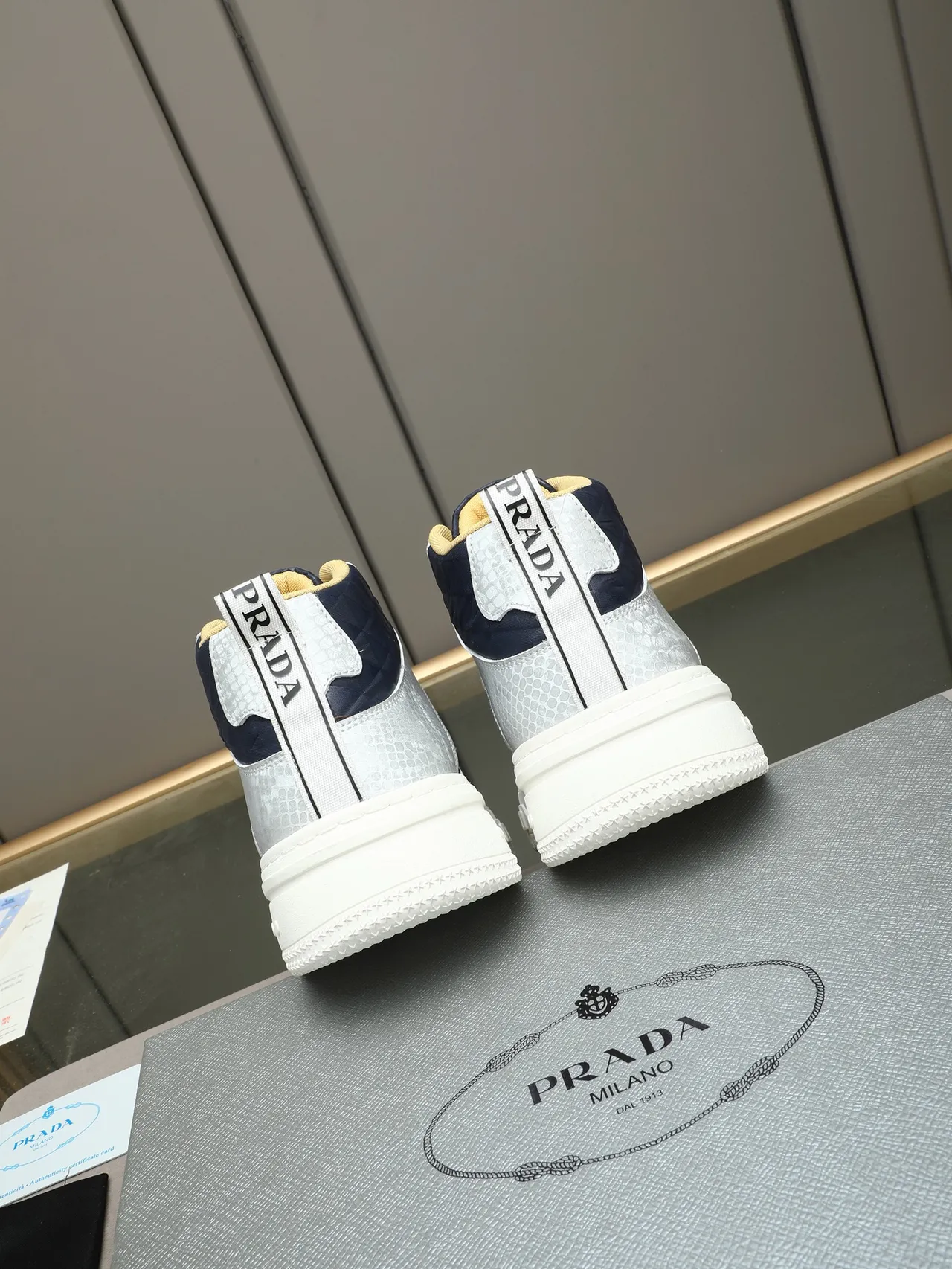 Prada White Navy High-Top Quilted Panels Sneakers