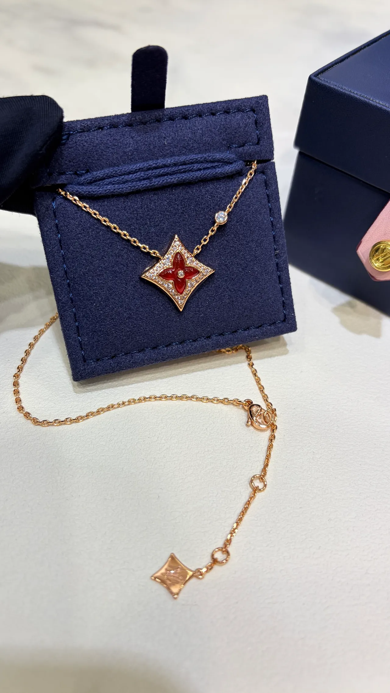 Louis Vuitton Red Enamel Floral Pendant Gold-Tone Necklace