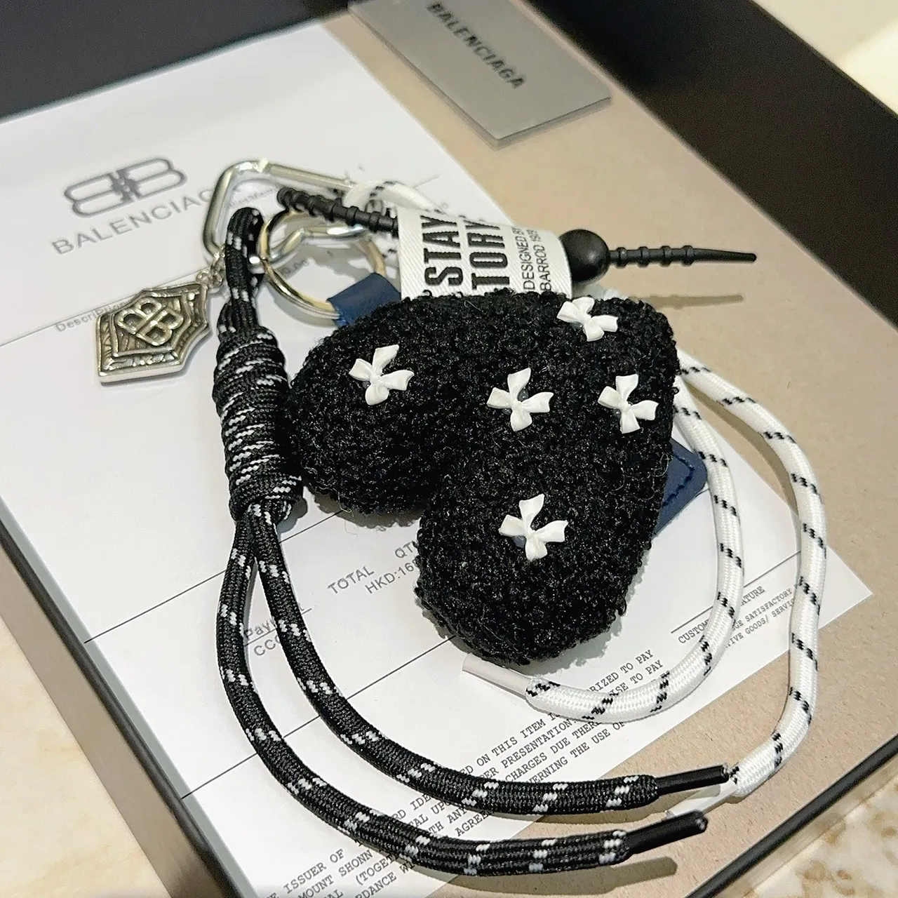 Balenciaga Black Navy Rope Lanyard Bouclé Charm Phone Accessory