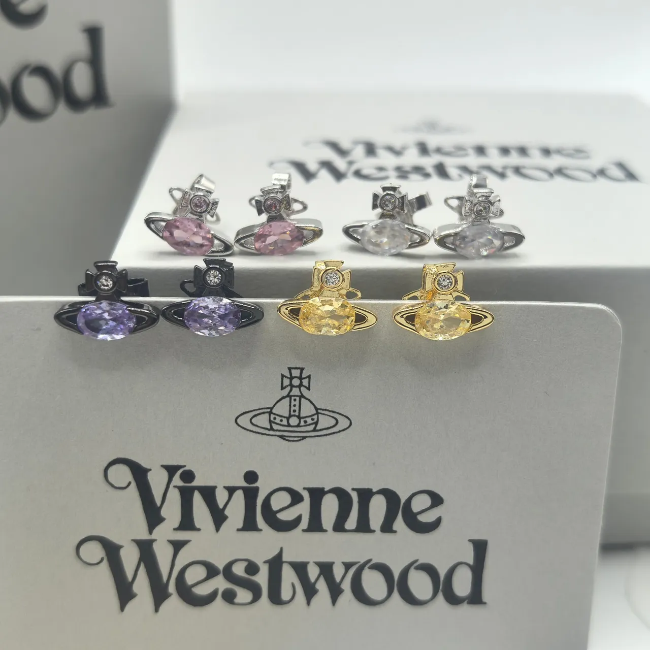 Vivienne Westwood Orb Multicolor Silver Motif Faceted Oval Stone Earrings