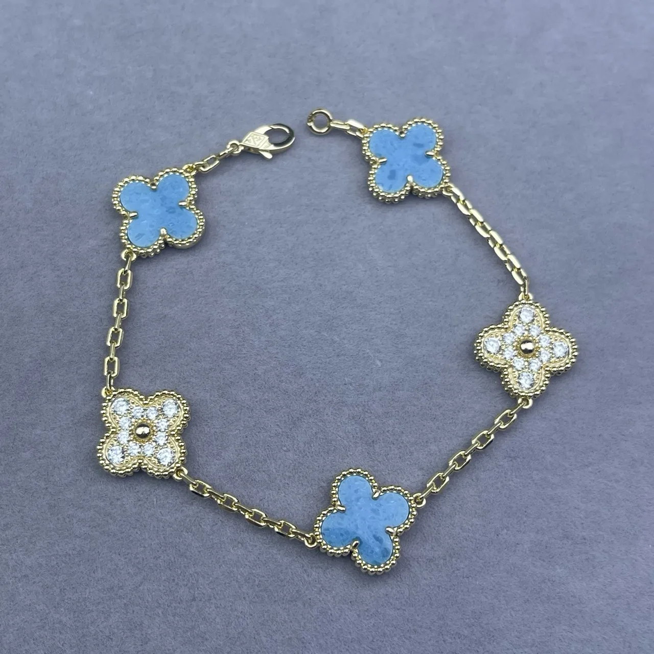 Van Cleef & Arpels Alhambra Gold Blue Chain Quatrefoil Clover Motifs Bracelet