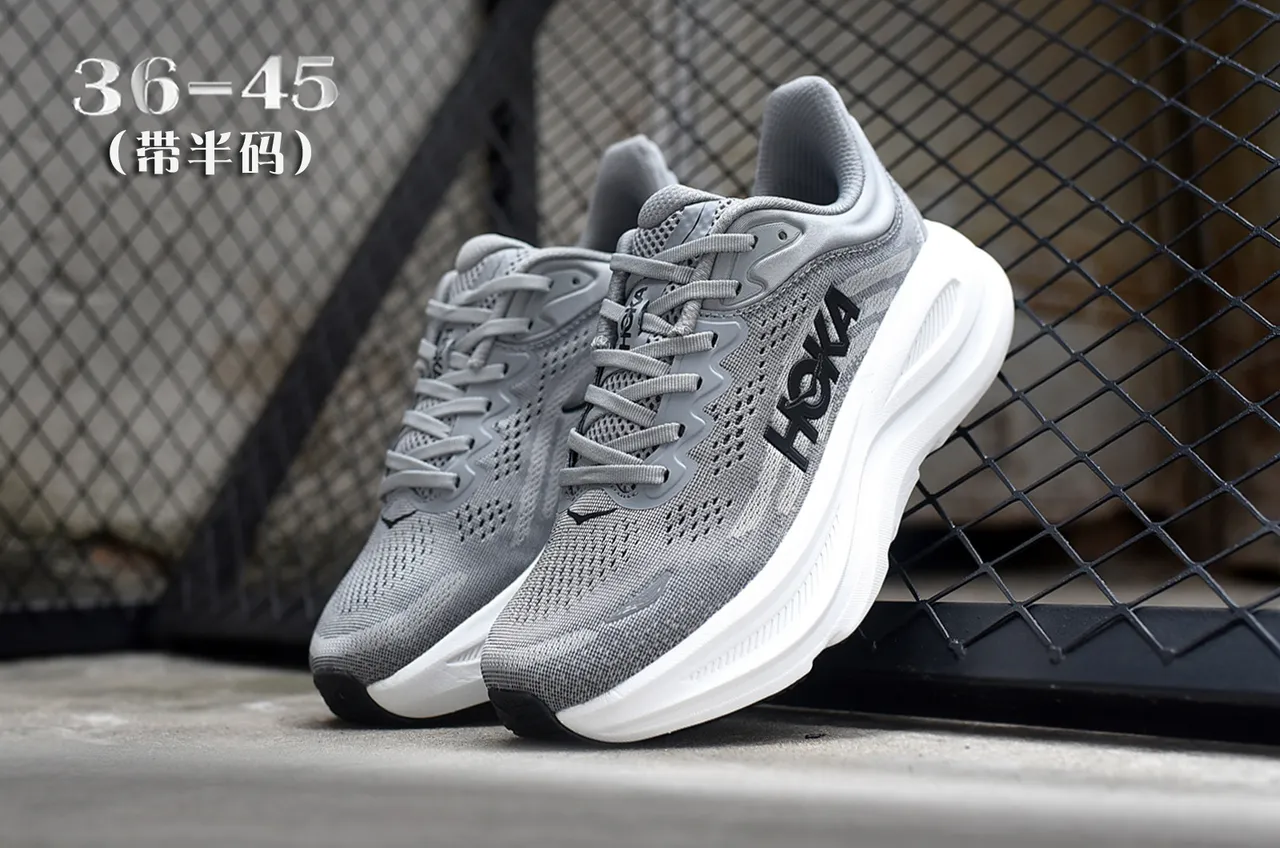 Hoka Gray White Engineered Mesh Upper Thick Midsole Running Shoes