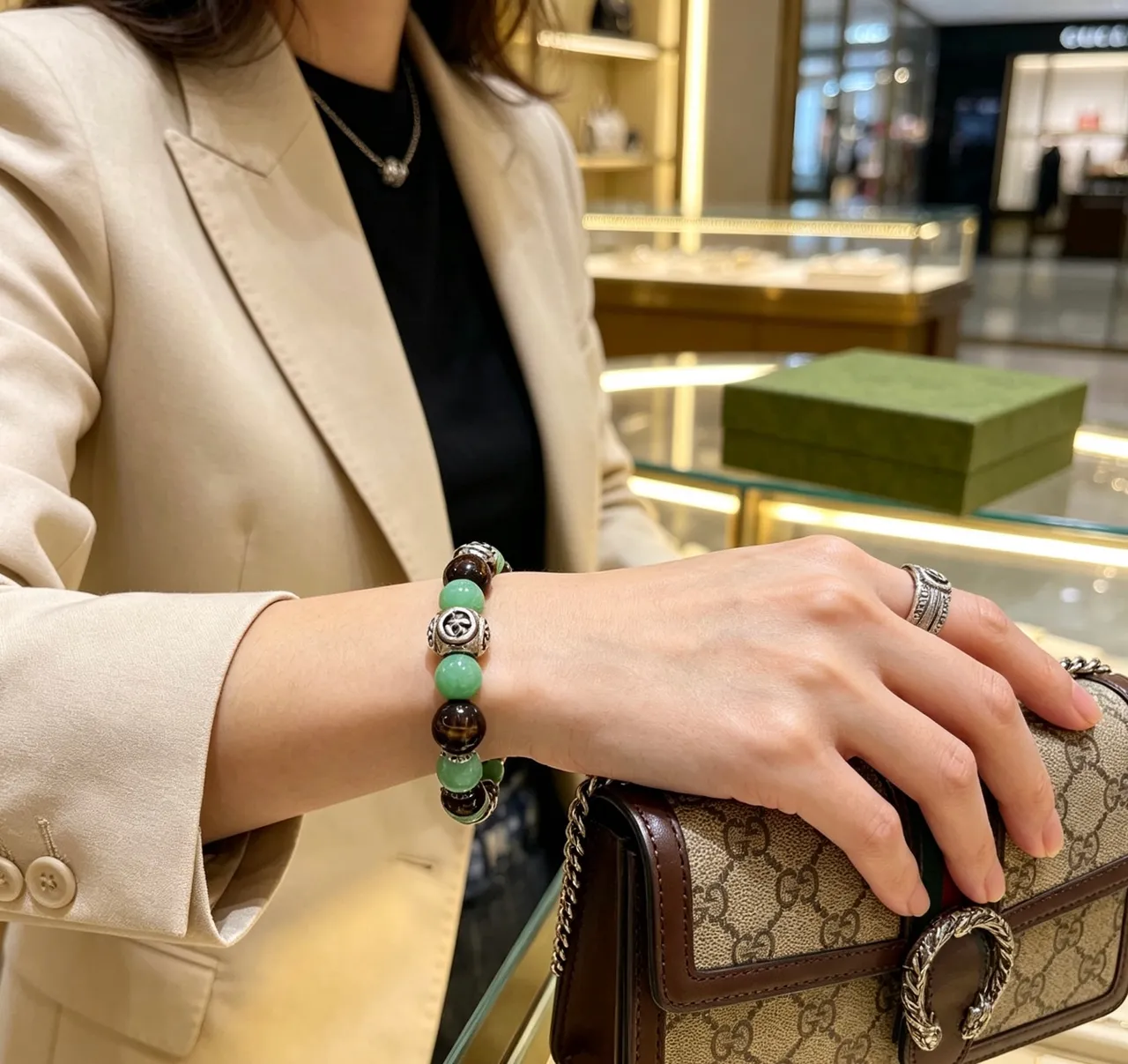 Gucci Green Brown Beaded Spherical Stone Beads Bracelet