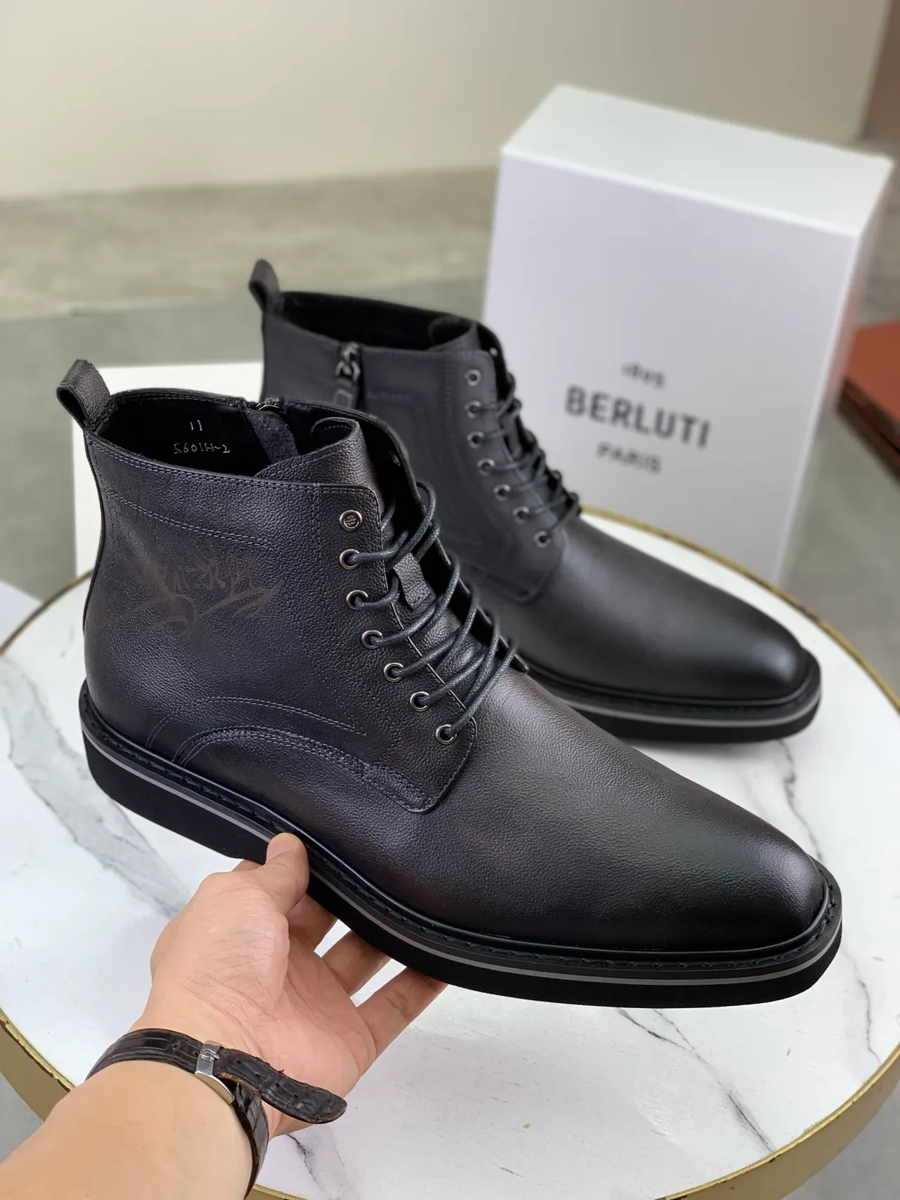 BERLUTI Black Pebbled Leather Ankle Boots