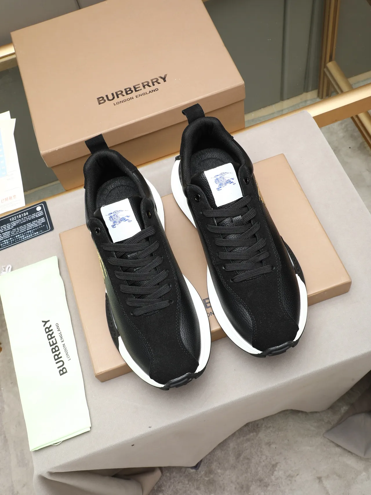 Burberry Knight Black Leather Gold Emblem Lifestyle Sneakers