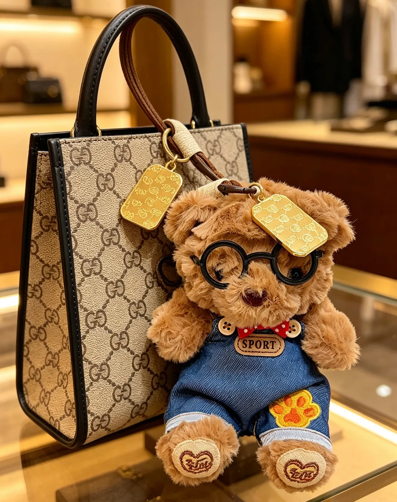 Gucci Brown Blue Plush Teddy Bear Denim Overalls Handbag