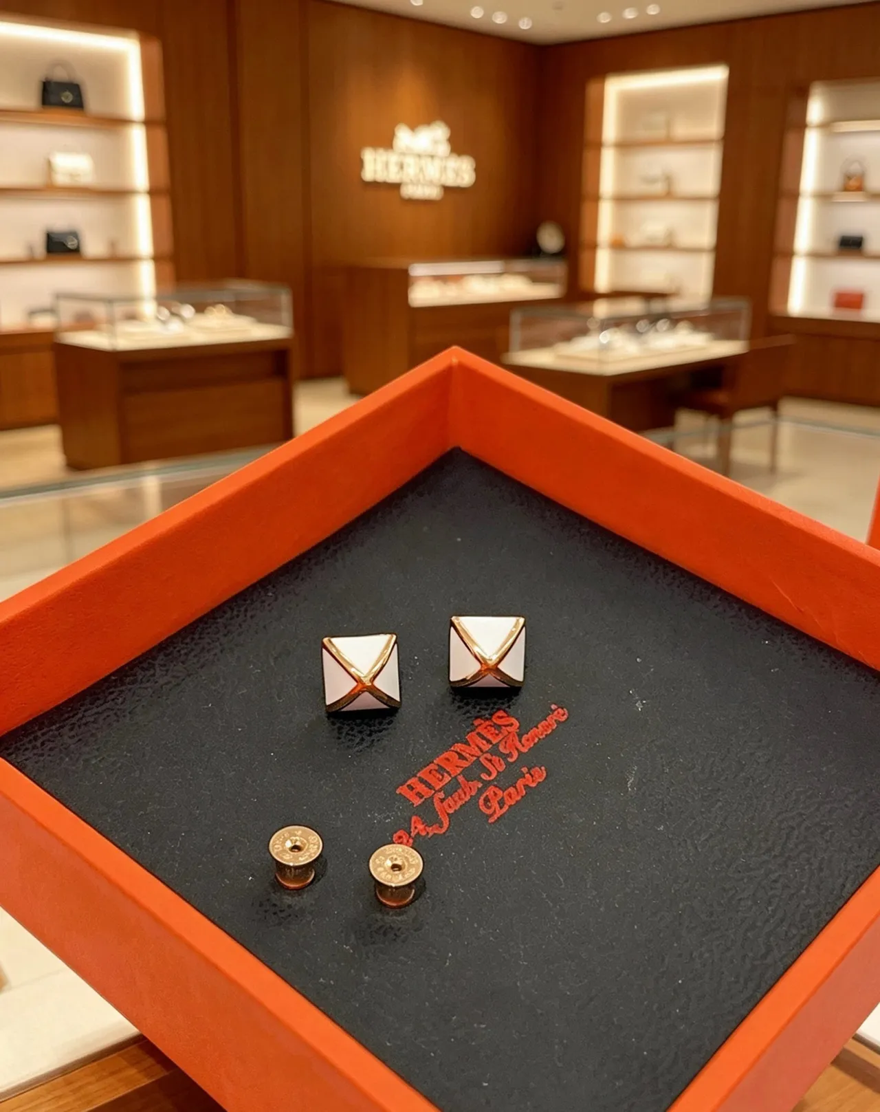 Hermès Collier de Chien White Gold Square Enamel X Motif Earrings