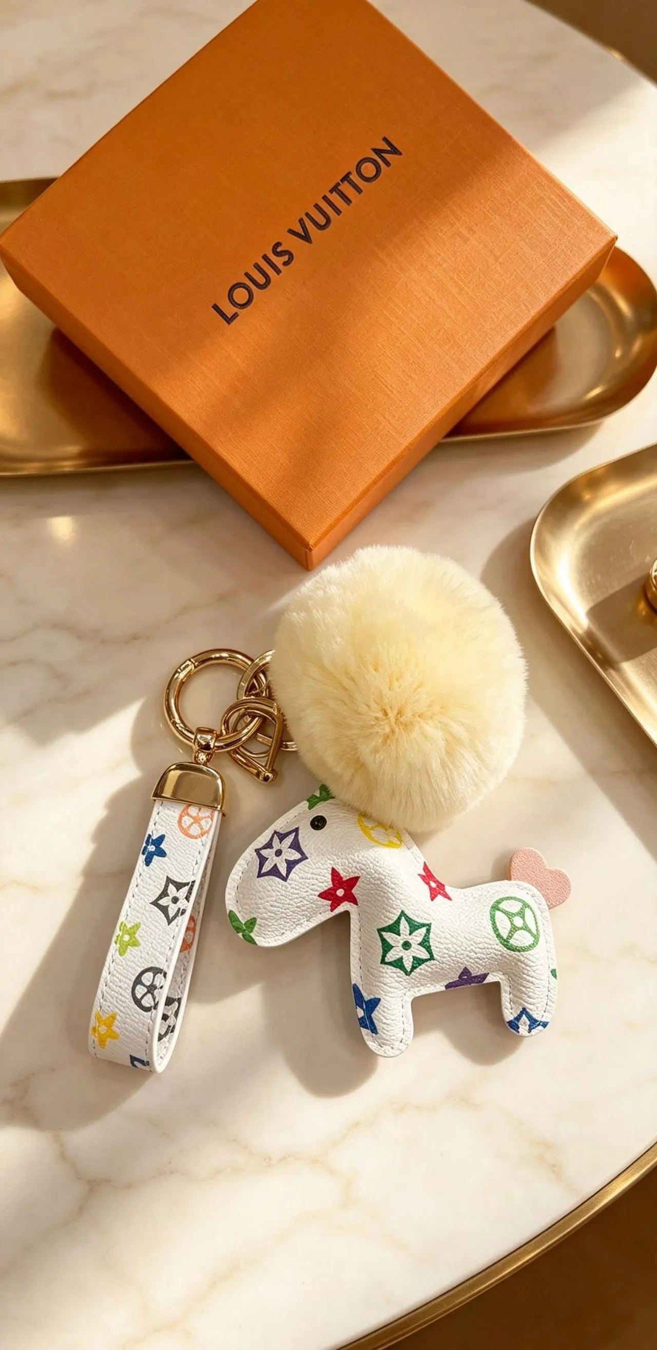 Louis Vuitton Multicolor Beige Monogram Leather Cream Faux-Fur Pom-Pom Phone Accessory
