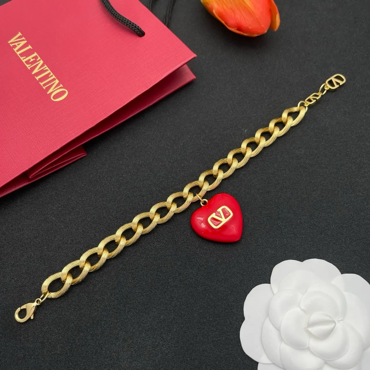 Valentino VLogo Heart Red Enamel Gold-Tone Chain Bracelet