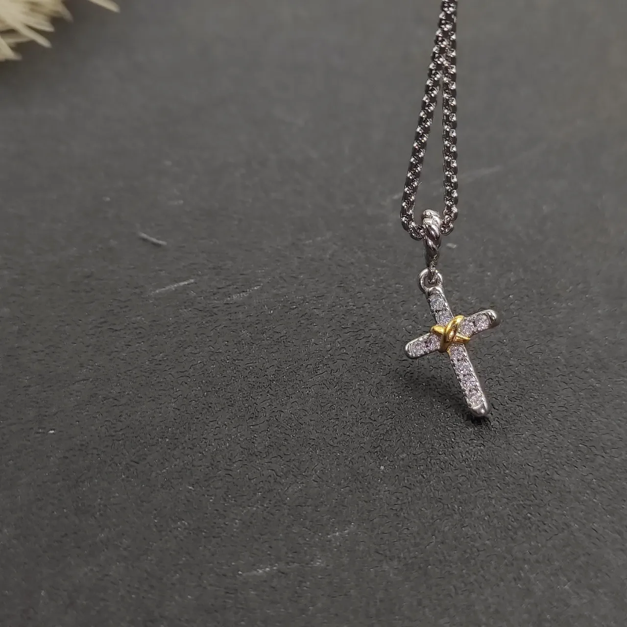 Tiffany & Co. Return to Silver Gold Pavé-Diamond Cross Two-Tone Metal Necklace