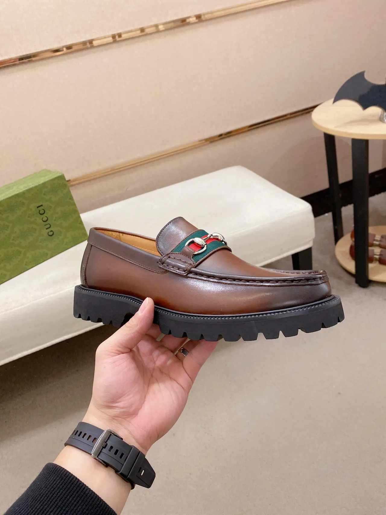 Gucci Horsebit 1955 Brown Black Polished Leather Web Stripe Accent Loafer