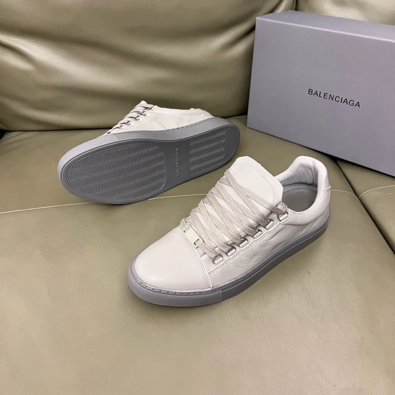 Balenciaga White Gray Minimalist Leather Upper Lifestyle Sneakers