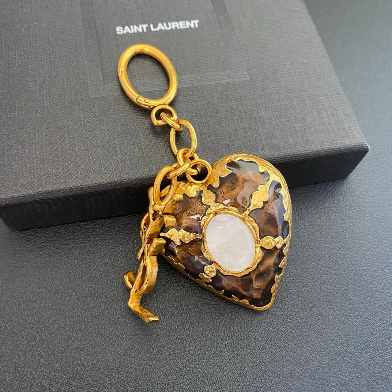 Saint Laurent Monogram Heart Charm Gold Brown Metal Brooch