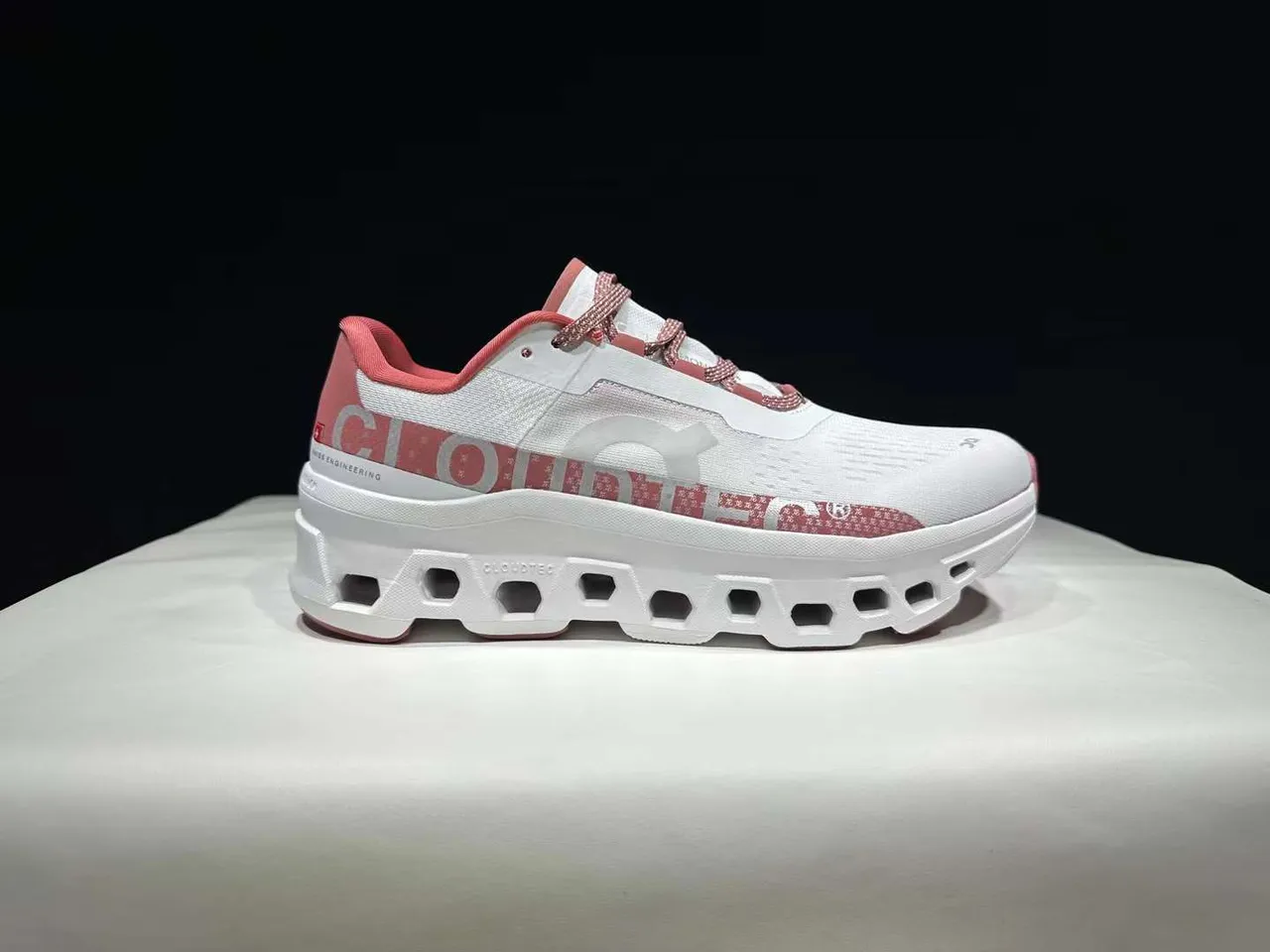 On Cloudmonster White Pink Running Shoes