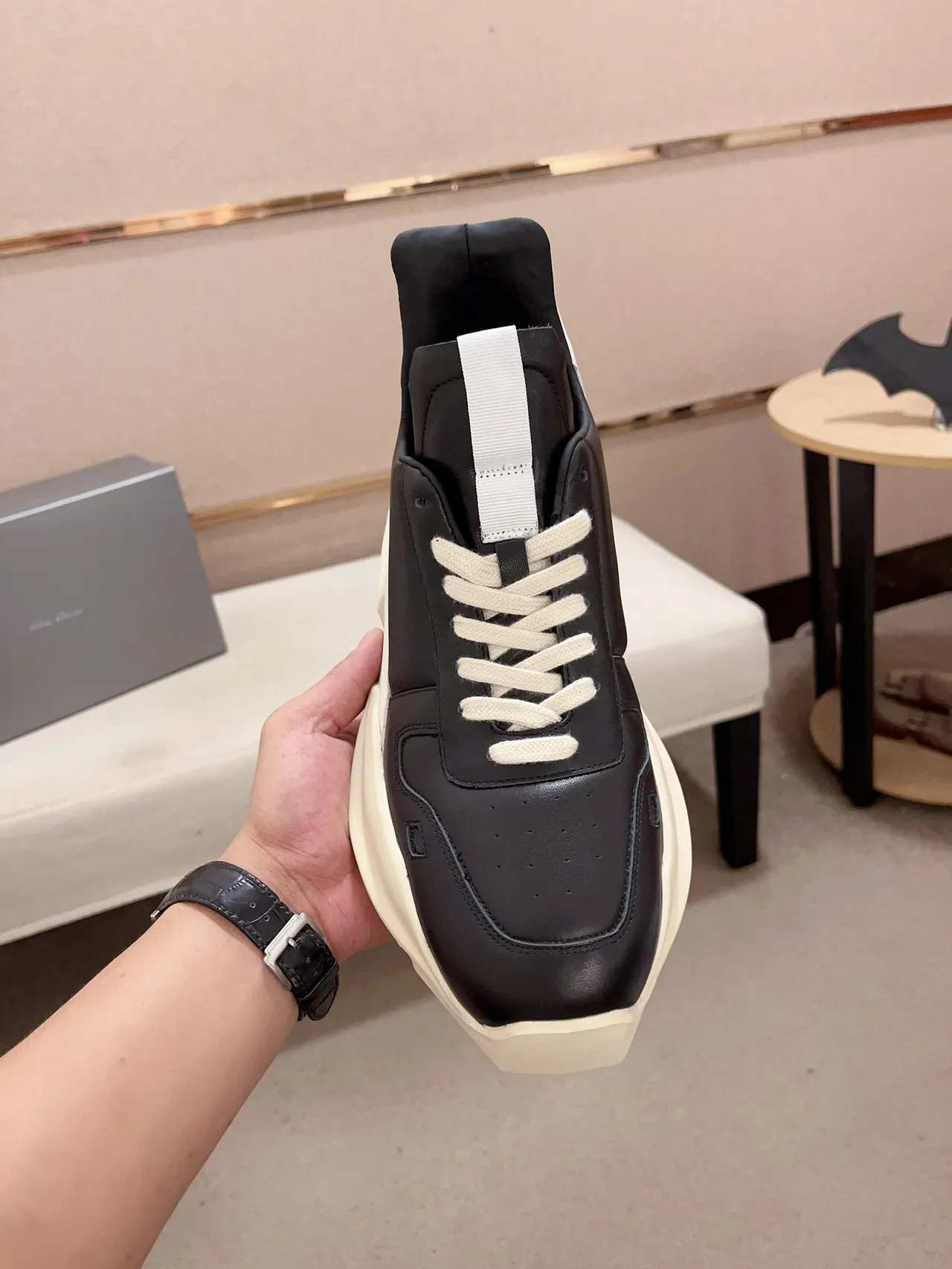 Rick Owens Black Beige Sculpted Sole Asymmetrical Heel Counter Chunky Sneakers
