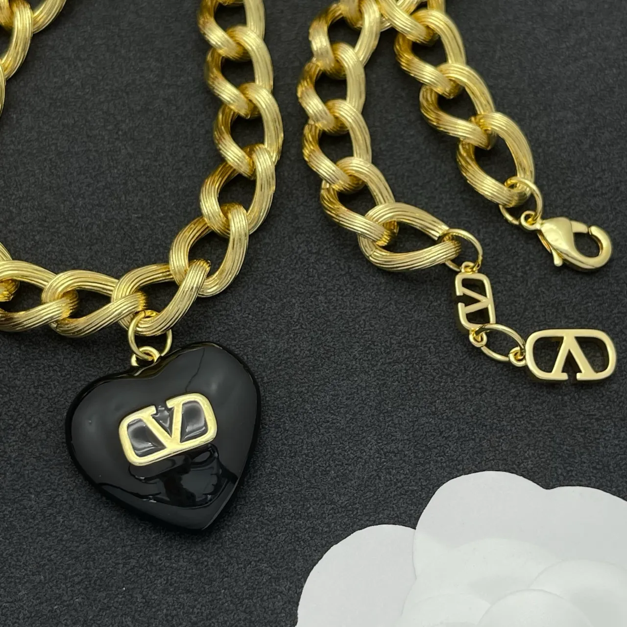 Valentino VLogo Heart Black and Gold Chain Necklace