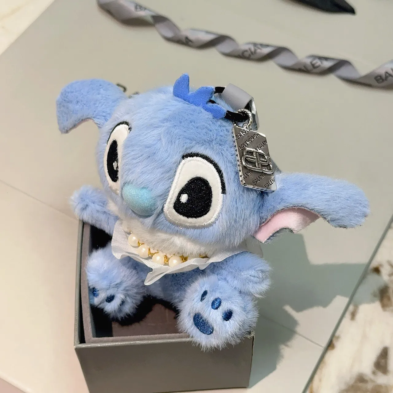 Blue White Plush Stuffed Character Pearl-Trimmed Collar Handbag